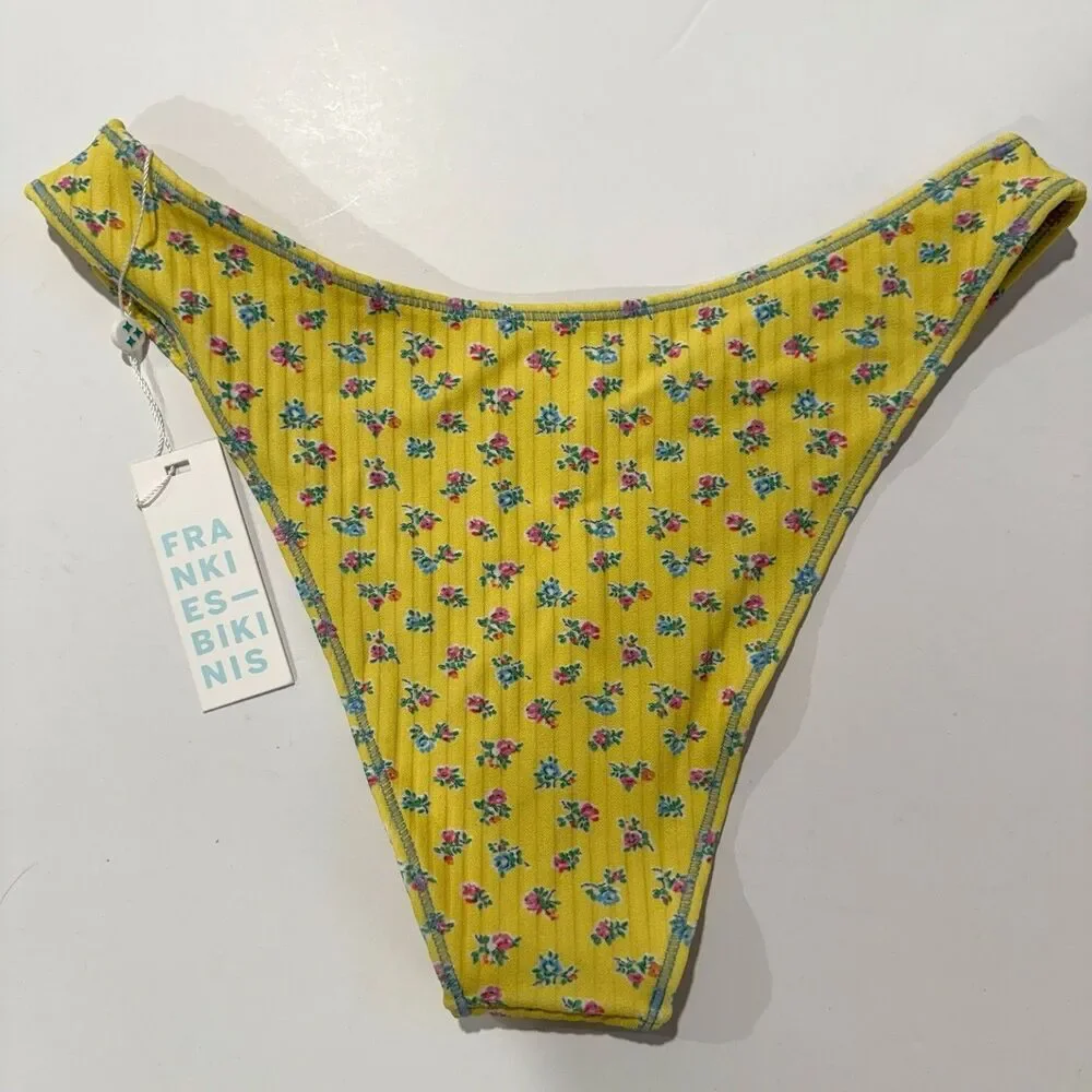 Frankie’s Bikinis pocket posies dove bottom Women’s Large Yellow Low Rise Swim